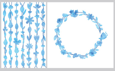 鮮やかで繊細な青い花のカードデザインとフレームデザインのセット