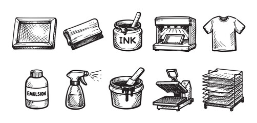 Hand-drawn vector illustration of screen printing equipment. Includes frame, squeegee, emulsion, exposure unit, spray, spatula, heat press, ink, t-shirts. Use for craft business concepts and design.