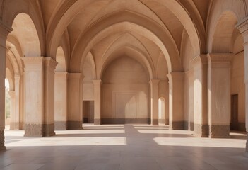 Serene Arched Hallway with Natural Light, Columns and Vaulted Ceiling