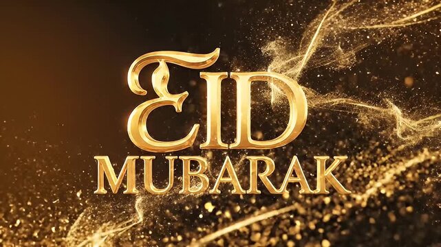 Golden Eid Mubarak Text with Sparkling Particles Animation on Dark Background, Islamic Holiday