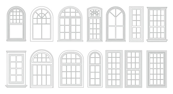 Collection of various black outline architectural window designs featuring rectangular and curved gothic shapes