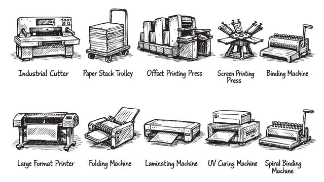 Hand-drawn illustration of various printing and binding machines. Includes cutter, press, printer, binding, and folding equipment. Great for illustrating concepts related to printing and publishing.