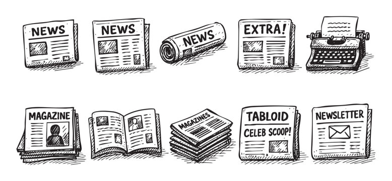 A collection of hand-drawn news media: newspapers, magazines, a typewriter, and newsletter. Use for blog headers, icons, illustrations about media, information, and communication.