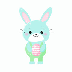 Obraz premium Cute Easter bunny with egg isolated on transparent background. Boy bunny icon. Happy Easter. Spring icon. Flat design. Decorative element for Easter, stickers, postcards, web. Vector illustration.