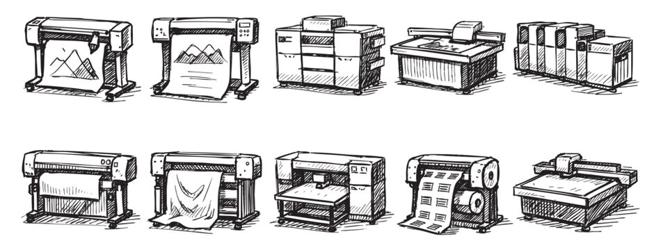 A set of hand-drawn sketches of various printer machines. Use for illustration, design, and presentations related to office equipment, printing, and technology.