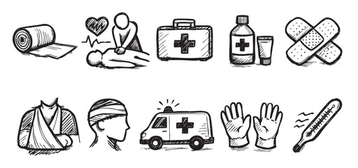 Hand drawn doodle of medical first aid elements. Includes CPR, ambulance, bandage, and more. Vector illustration for health care.