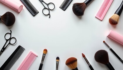 Obraz premium Cosmetic brushes and tools arranged in a circle on a white background with copy space