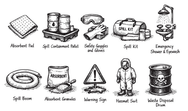 Black and white illustrations showcasing spill control equipment: pads, kits, suits, and warning signs. Ideal for safety manuals, training materials, and emergency response guides.