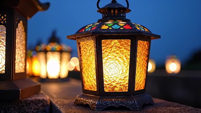 Elegant Stained Glass Lanterns Illuminate a Twilight Garden Path, Creating a Warm and Inviting