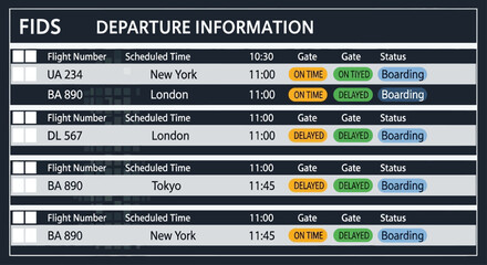 Flight departure information displayed on digital screen showing various flight numbers and statuses