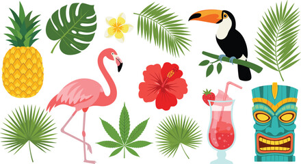Fototapeta premium Tropical Summer Vector Set with Flamingo Toucan Pineapple Palm Leaves Tiki Mask and Exotic Elements for Vacation Party and Beach Designs
