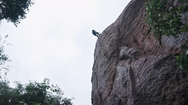 A low-angle view of a daring sports girl rappelling down a big rock amidst the jungle