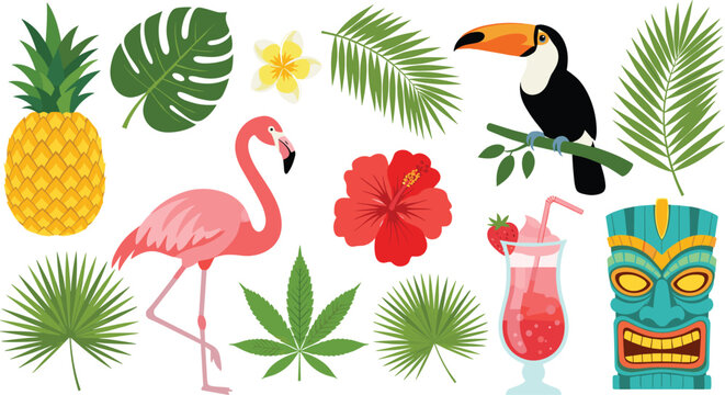 Tropical Summer Vector Set with Flamingo Toucan Pineapple Palm Leaves Tiki Mask and Exotic Elements for Vacation Party and Beach Designs