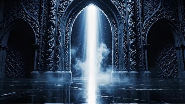 Ethereal Light Beam Piercing Through Ornate Gothic Archway Entrance into Mysterious Dark Hallway