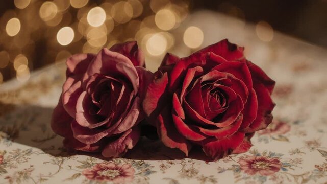Two Red Roses on Floral Cloth.