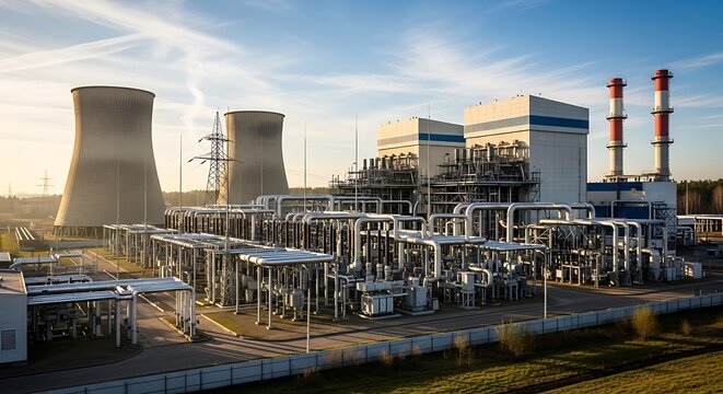 Massive industrial power generation facility operates under a bright, clear sky