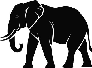 Obraz premium Black elephant silhouette vector illustration, profile view with trunk upward, tusks visible, bold wild animal design for nature art