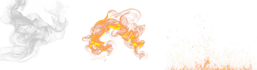 Smoke, fire, and sparks effect collection. Includes white smoke, orange fire, and small orange sparks. Created in realistic style with white, orange