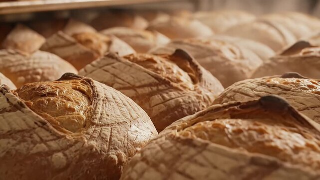 Freshly Baked Sourdough Bread Loaves with Golden Crusts Cooling in a Warm Bakery, Close-Up View