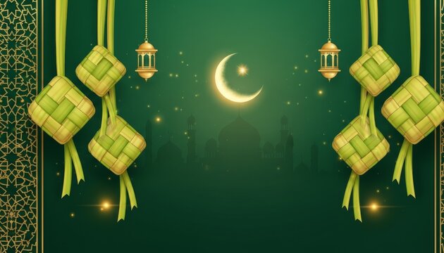 Traditional green Islamic background decorated with hanging ketupat (rice dumplings), gold lanterns, and a crescent moon for Eid celebrations.