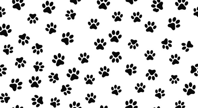 Black paw print pattern scattered across white background, seamless vector design for animal, pet, decorative, textile, wallpaper themes