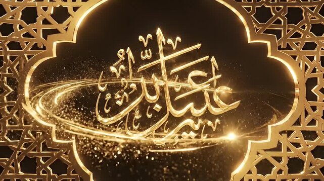 Golden Arabic Calligraphy Islamic Geometry Pattern Festive Eid Mubarak Greeting Background Animation