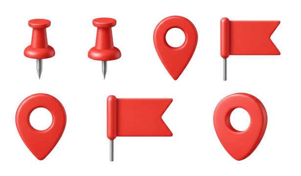 Cartoon 3D red geotag vector icon set with thumbtack, push pin, and flag isolated on white background for GPS and travel apps
