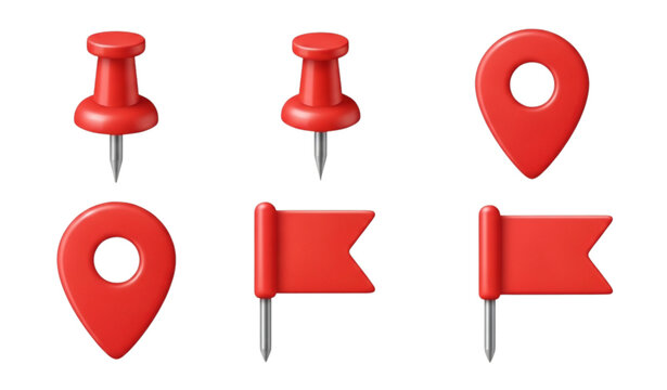 Realistic 3D red geotag vector icon set with thumbtack, push pin, and flag isolated on white background for GPS and travel apps