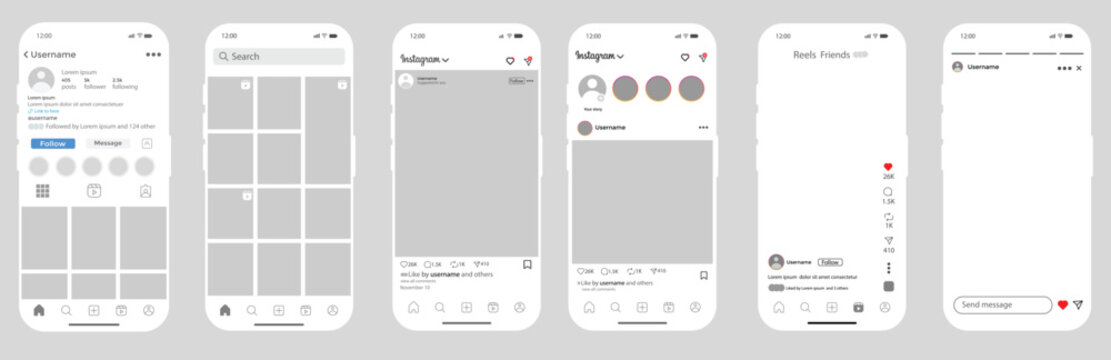 instagram new grid size template update. New Instagram Post, Reels, profile, home, and Story . Instagram post mockup with smartphone. Set instagram screen social media and social network interface 