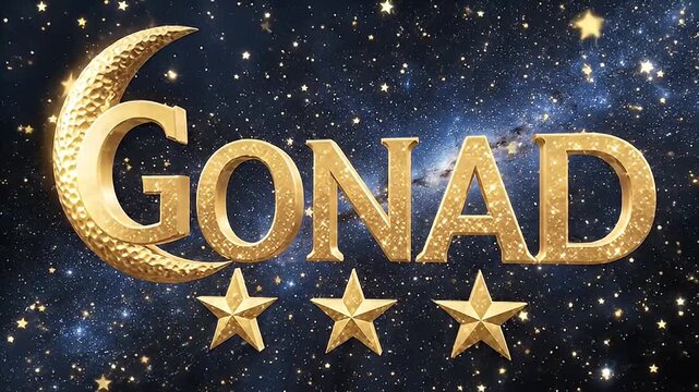Golden Crescent Moon and Three Stars Shine Above Textured "GONAD" Text Against a Starry Night Sky