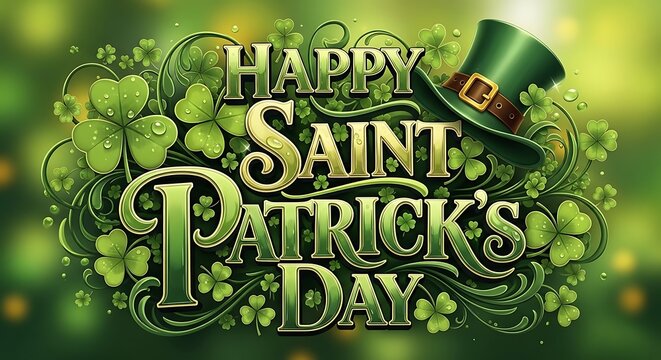 Happy Saint Patricks Day celebration with green hat and clover leaves