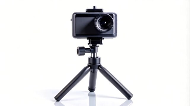 A small black camera is mounted on a compact tripod, set against a bright white background