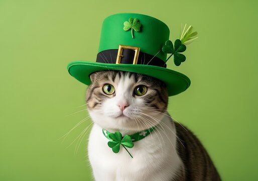 St Patricks Day cat in green hat and shamrock collar looking cute  festive feline