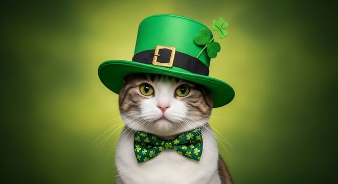 St patricks day cat wearing green hat and bow tie looking cute