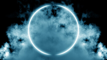 Abstract glowing neon light blue ring centered in dark mysterious background of swirling smoke and ethereal clouds. A minimalist futuristic aesthetic perfect for modern design