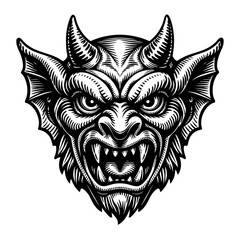Obraz premium Detailed black and white engraving of a fierce horned demon head with piercing eyes, sharp fangs and ominous bat ears. Gothic monster illustration perfect for dark fantasy, horror, tattoos, metal art,