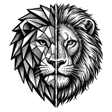 Captivating black and white lion head art, showcasing a unique duality with one half featuring sharp geometric polygons and the other half intricately detailed in classic linocut style, a powerful fus