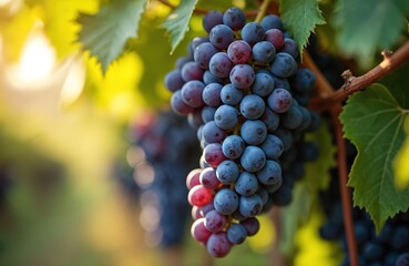 Fototapeta premium Purple Isabella grapes grow on vine in sunny vineyard. Ripe fruit cluster ready for harvest, perfect for wine juice making. Natural food, autumn crop.