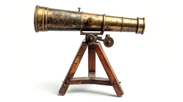 A vintage brass telescope on a wooden tripod. It has dark patina and some decorative etching