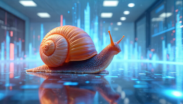 Giant snail moves through modern office space with digital data visualizations and charts on walls. Slow progress concept in fast tech world.
