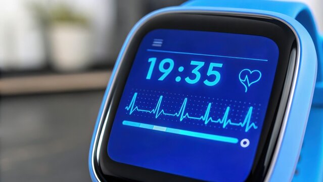 AI HEALTHCARE INTERFACE Smartwatch displaying heart rate and time with a blue wristband on a blurred background.