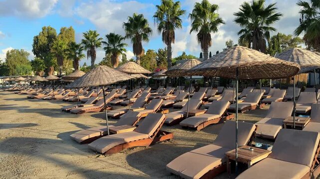 Rows of empty wooden sun loungers with straw umbrellas line a peaceful, sandy beach at a luxury seaside resort. Calm turquoise water and lush green hills under a bright morning sky.