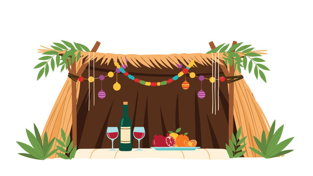 Traditional Jewish sukkah hut is decorated for the Sukkot holiday with a table set with a bottle of wine, glasses, and fresh fruits.