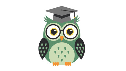 Fototapeta premium Wise green owl wearing a gray graduation mortarboard cap and glasses representing knowledge and academic success.