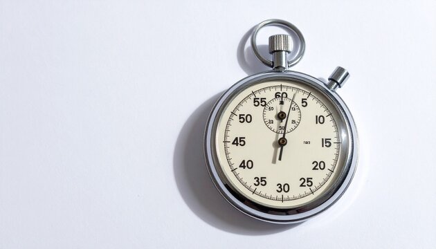 Classic analog stopwatch with metallic casing, white dial, central hand at 12‑second mark, sub‑dial for minutes, precise increments, bold numerals, design for accurate time measurement.
