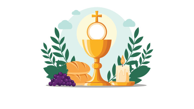 Religious illustration of First Holy Communion symbols including a golden chalice, bread, grapes, a candle, and olive branches.
