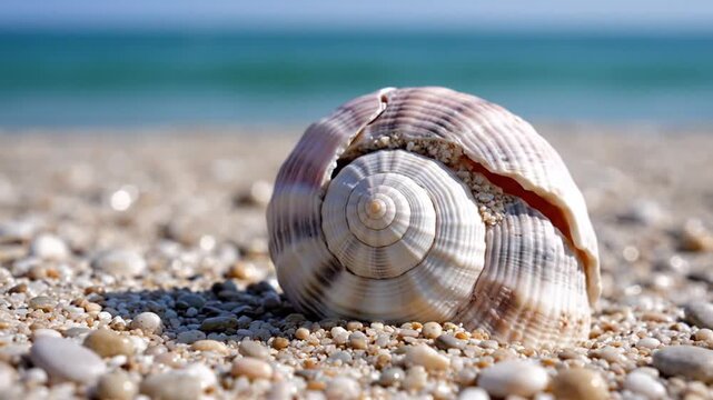 A close-up shot of a spiral seashell on a beach with the ocean and blue sky in the background