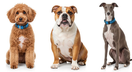 Three dogs sitting side by side with blue collars on white background  