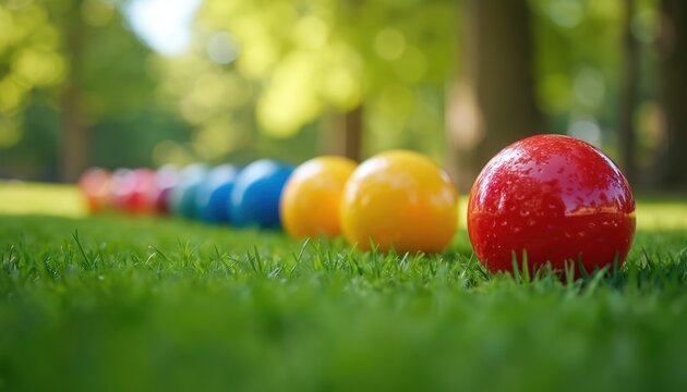Line of colourful bocce balls rests on green grass. Red ball is in focus foreground, others blurred behind. Outdoor park setting with trees and sunlight.