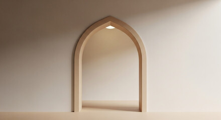 Minimalist White Islamic Archway with Wooden DoorModern Mosque Interior Design Concept Arch and LightArabic Architecture Style Doorway with Geometric Carving